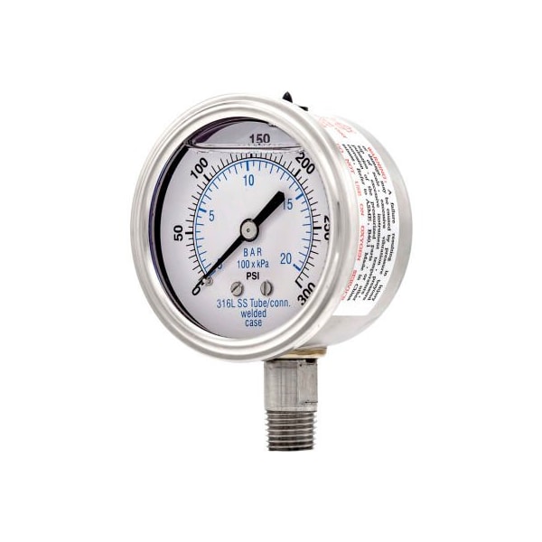 Engineered Specialty Products, Inc PIC Gauges 2.5" All Stainless Pressure Gauge, 1/4" NPT, 0/300 PSI, Glycerine Filled, LM, 301L-254H 301L-254H - main